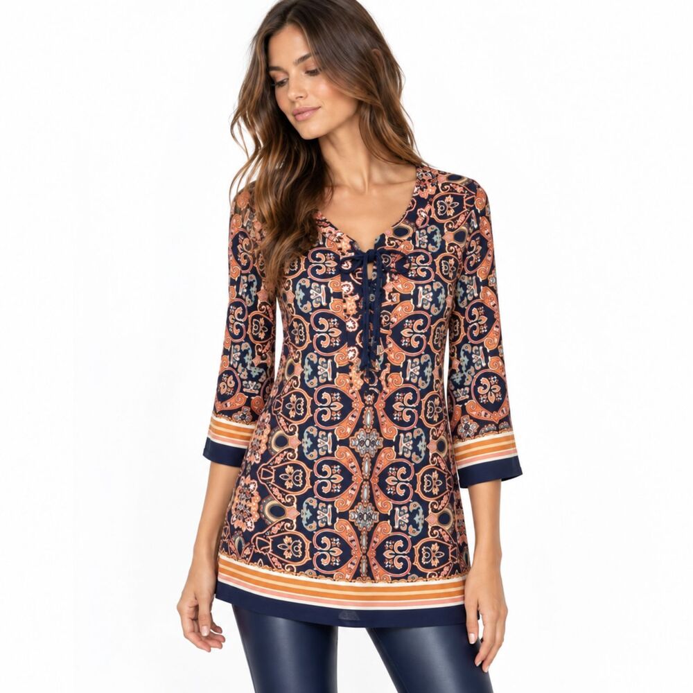 Saint Tropez West Womens Paisley Tunic Top XS Navy Boho 3/4 Sleeve Coastal Retro